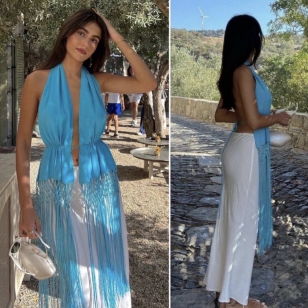 Open Back Fringed Top Zara Sky Blue S